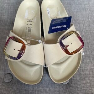 Birkenstock Cream Sandals with Colorful Buckles